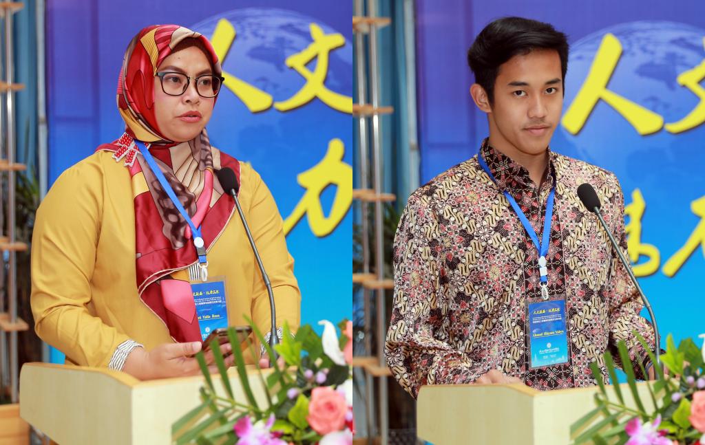 印尼教师代表朱丽亚•罗扎、学生叶海亚发表学习感言